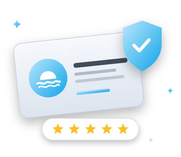 Carte de visite avec logo, bouclier de confiance et note de cinq étoiles