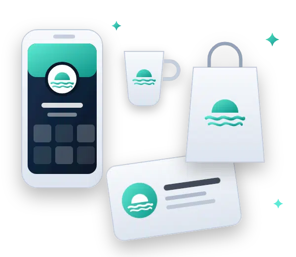 Même logo décliné sur un téléphone, une tasse, un sac et une carte de visite